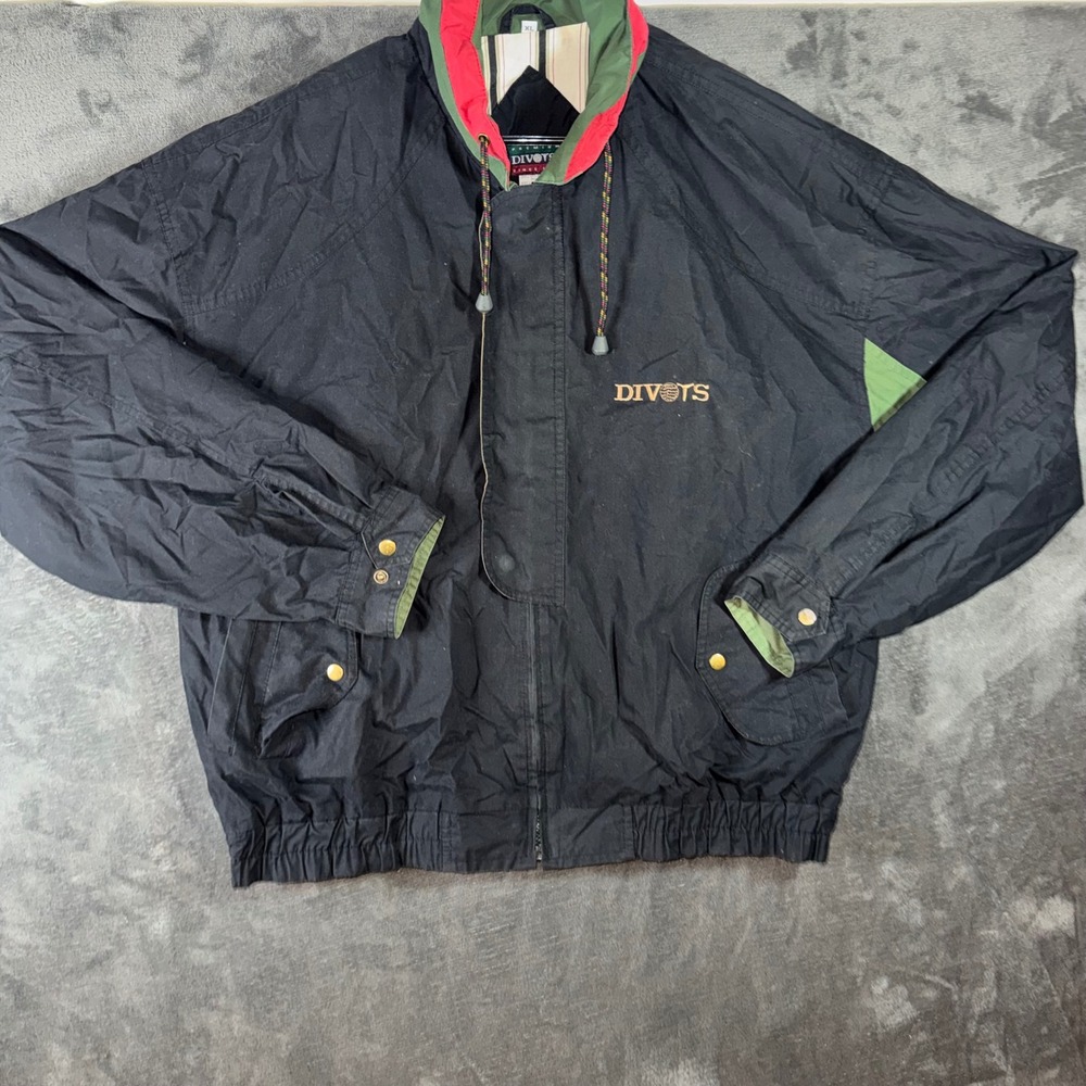 Mens XL Divots Golf Jacket Black Excellent Vintage Striped Lined Windbreaker